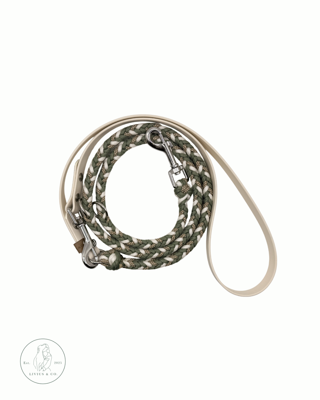 Leine Velaris im Foggy Grün, Weiß und Gold Braun/ Cream Diamonds mit Arctic Weißer Biothane