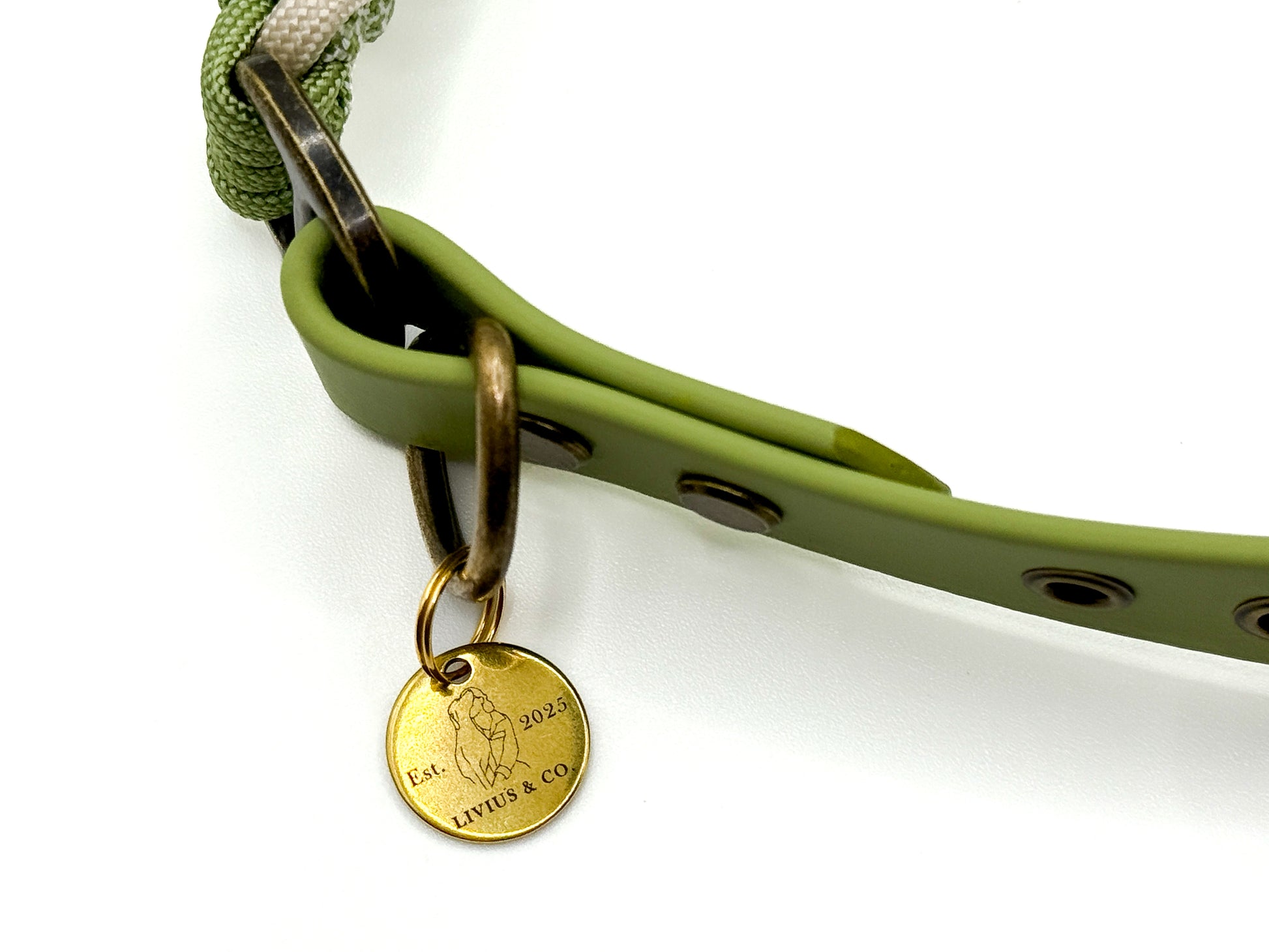 Handgefertigtes Halsband aus Paracord und Biothaneschnalle geflochten in cream und guacamolegrün. Mit Biothaneschnalle und antikfarbenen Beschlägen. Mit Logoanhänger