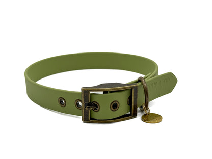 Handgefertigtes Halsband aus Biothane in Guacamolegrün mit antikfarbenen Beschlägen.