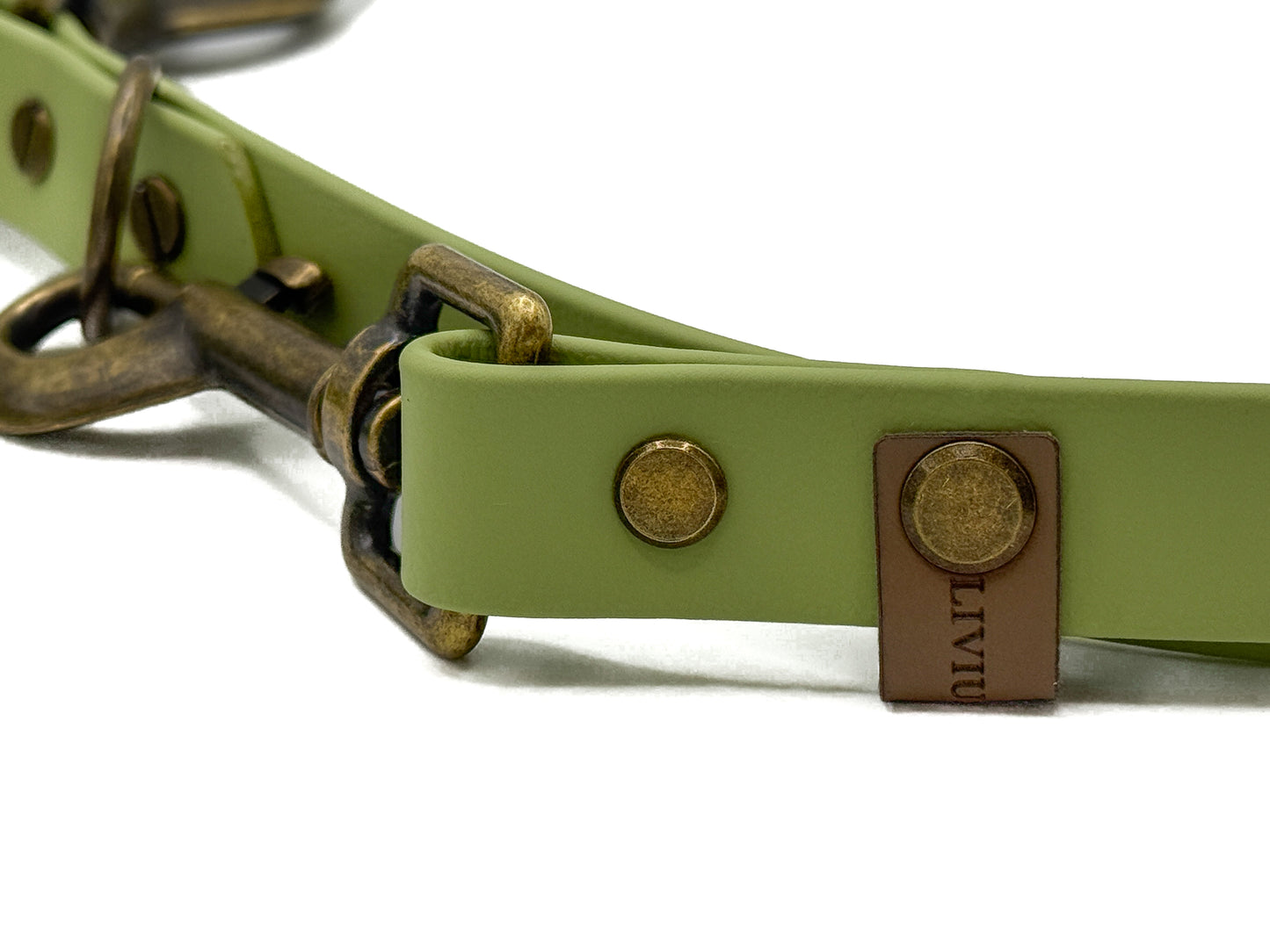 Handgefertigte Hundeleine aus Biothane in Guacamolegrün mit antikfarbenen Karabinern und 2 Ringen.