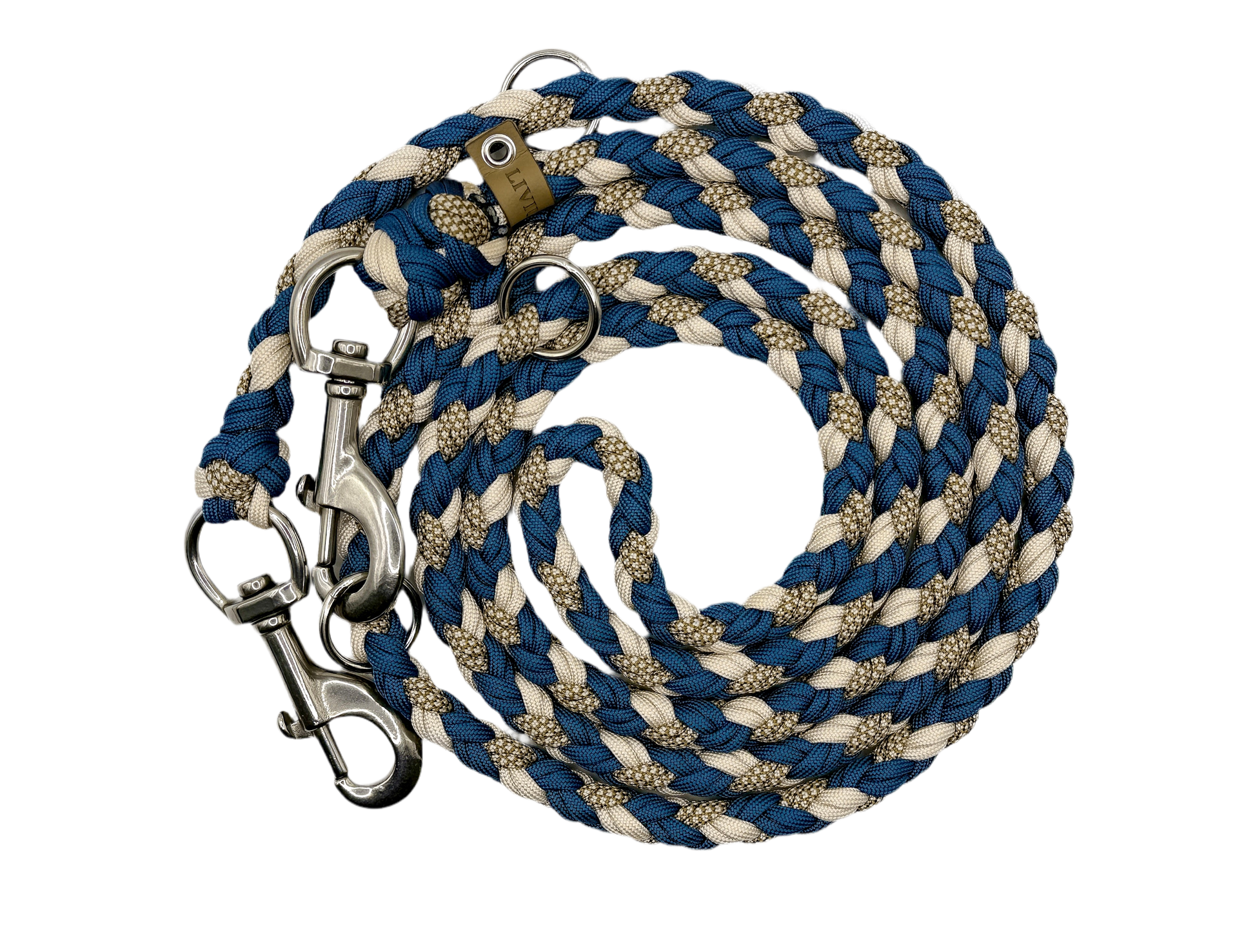 Handgefertigte Hundeleine aus robustem Paracord in Blau, Beige und Naturtönen mit 2 stabilen Metallkarabinern und 3 Metallringen – hochwertig und langlebig.