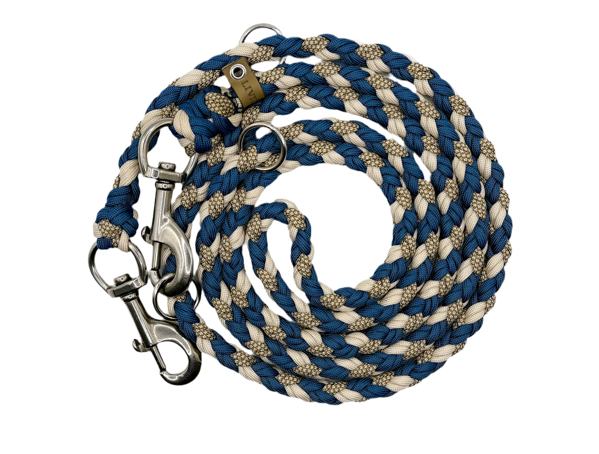 Handgefertigte Hundeleine aus robustem Paracord in Blau, Beige und Naturtönen mit 2 stabilen Metallkarabinern und 3 Metallringen – hochwertig und langlebig.